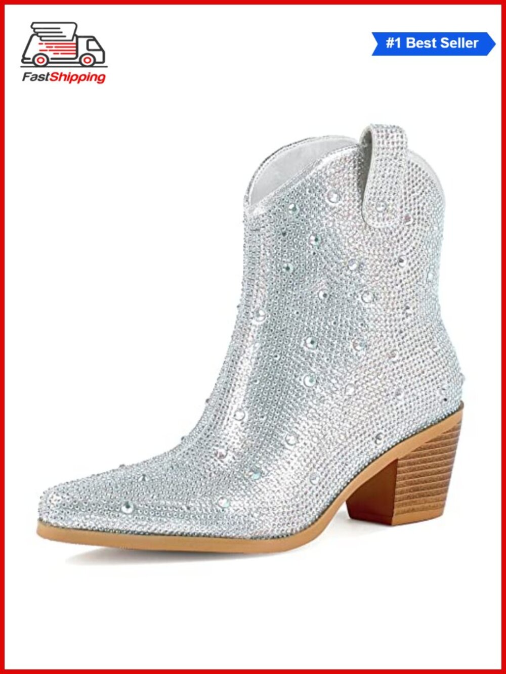 Women Rhinestone Cowboy Ankle Boots Glitter Chunky Heel Sparkly Booties